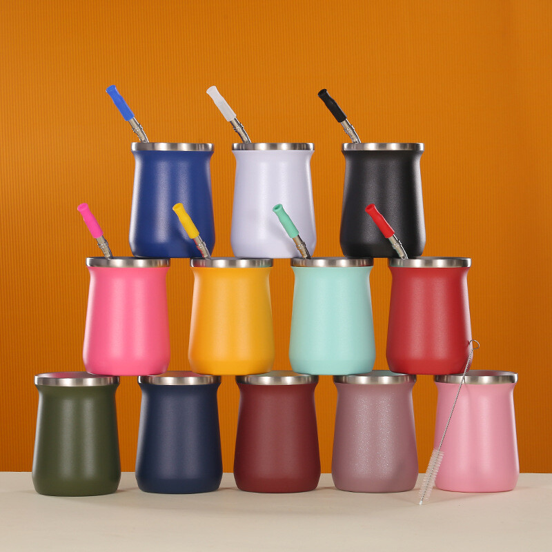 일본이중 스텐 마테차 컵 세트 빨대 커피 우유 컵 아르헨티나 찻잔