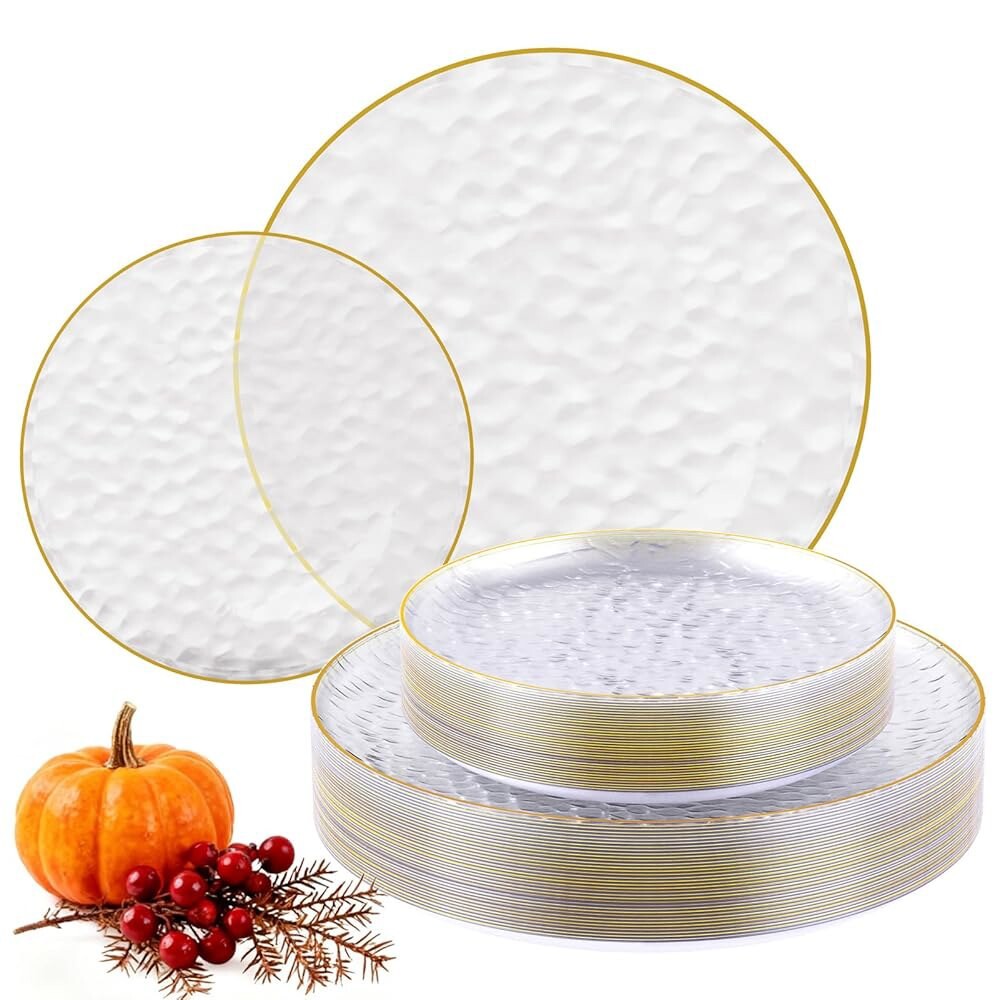 [해외] 포커스라인 60개 투명 플라스틱 접시 골드 림이 있는 일회용 7인치 샐러드 디저트 접시 30개 10인치 디너