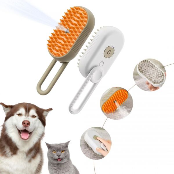고양이 스팀 브러쉬 강아지 펫 스파 브러시 - 3 in 1 고양이와 강아지를 위한 실리콘 마사지 그루밍 마사지