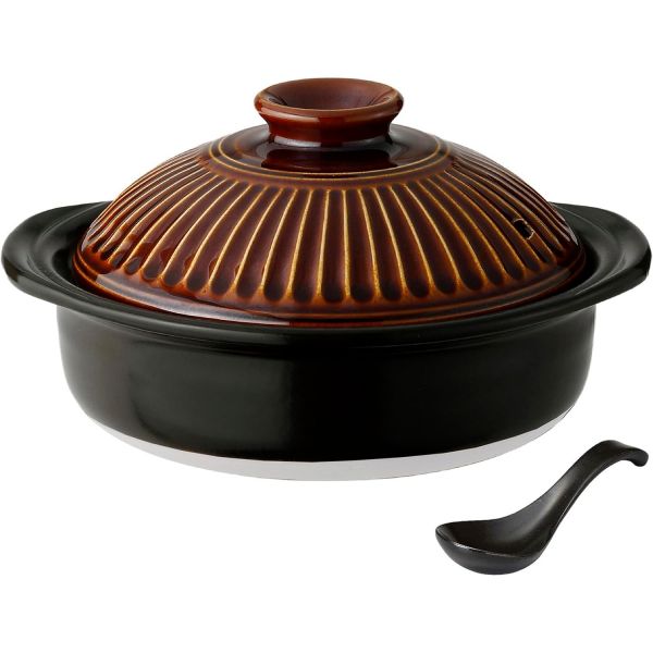 10163560 냄비 솥 만고구이 국화 뚝배기 6호 검정 연꽃 세트 1인용 사탕 유약 브라운 직화 가능 일제 일본