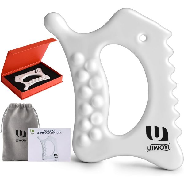UIWOYI 6in1 세라믹 바디 구아샤 얼굴 도구 | 림프 배수 조각 및 지압 트리거 포인트 마사지 도구로 근막
