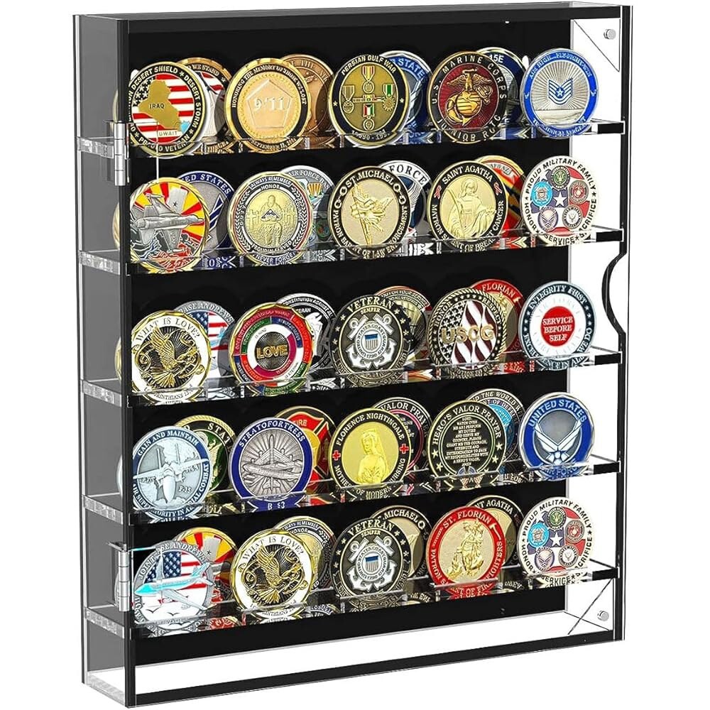 탈착식 선반과 문이 있는 아크릴 챌린지 코인 월 디스플레이 케이스인 WLSANX 밀리터리 홀더는 카지노