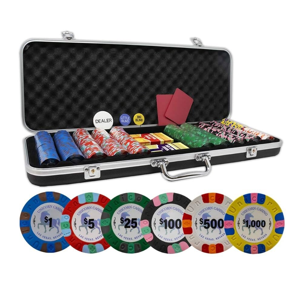 다빈치 유니콘 올 클레이 포커 칩 세트 500개의 정통 카지노 무게 9그램 검은색 ABS 케이스 플라스틱