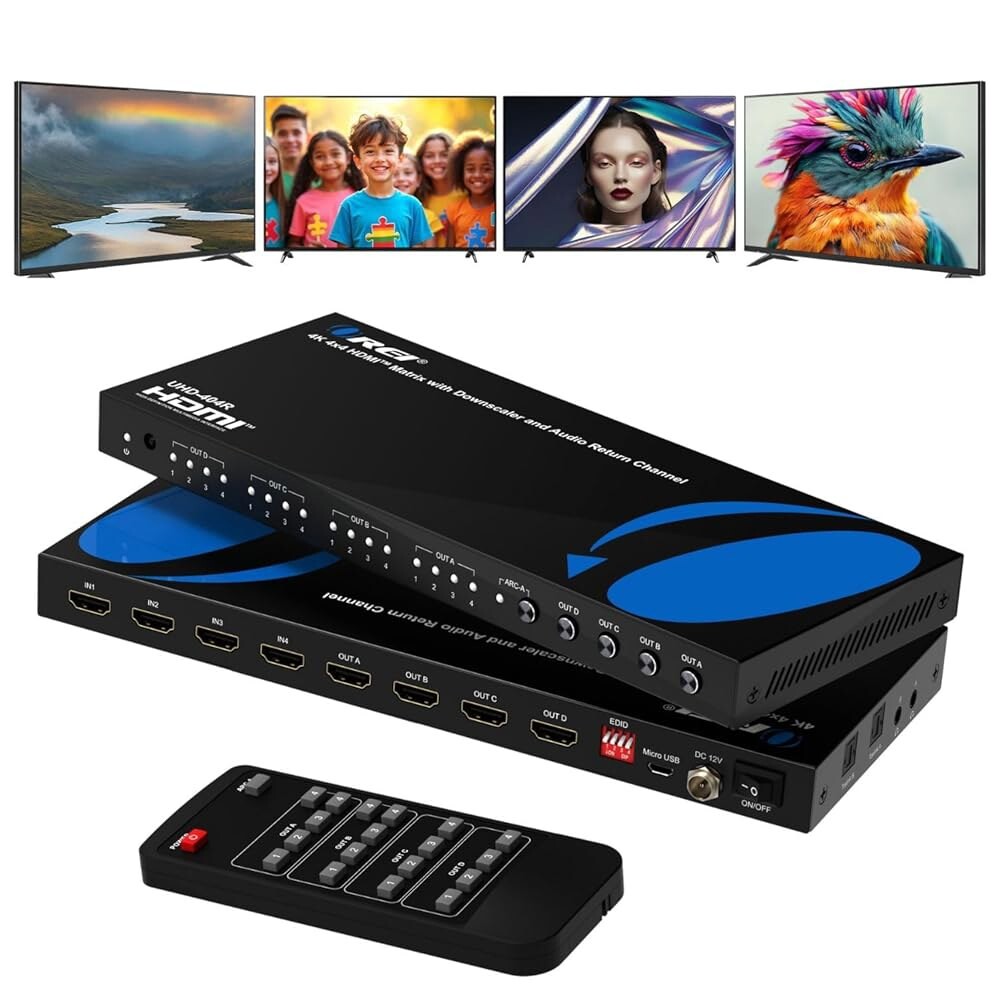 [오늘출발] O 4x4 4K HD 매트릭스 스위처 4K에서 HDR10 다운스케일 스플리터 4입력 404R 스위치 UHD 1080p 자동 4출력