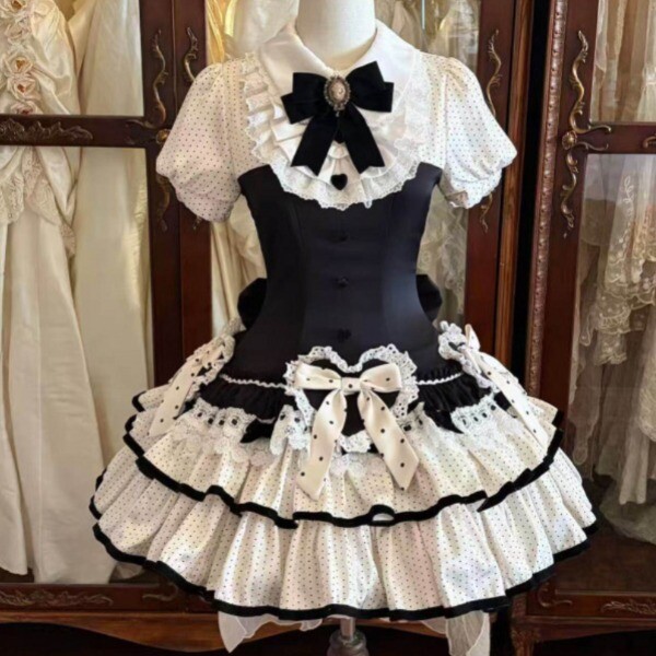 [해외] 메이드카페 원피스 옷 직원 알바 여성 프릴 공주 치마 리본 세트