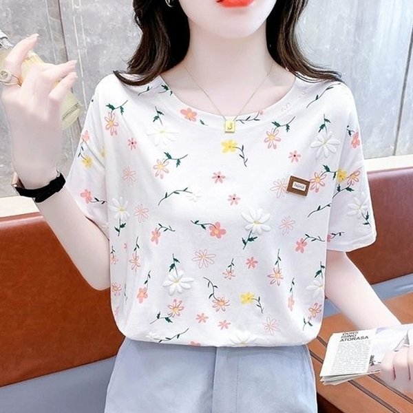 핑크 입체 화이트 플라워 반팔 티셔츠 1001401