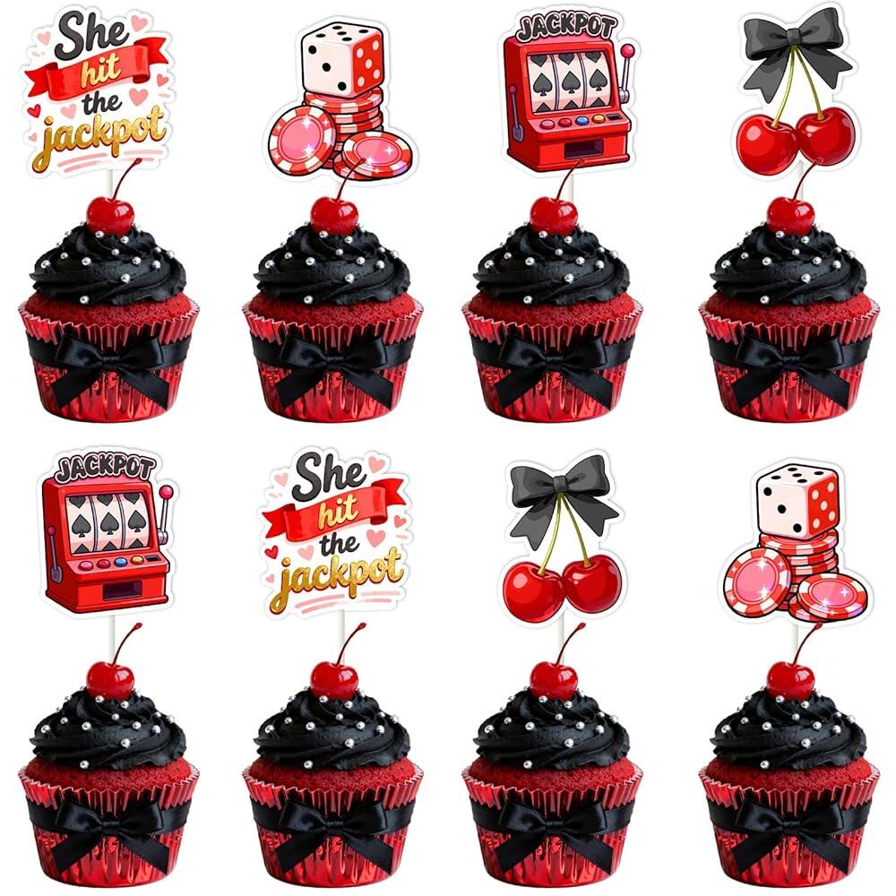 Funmemoir 36피스 카지노 처녀 파티 컵케이크 토퍼 - 레드 앤 블랙 She Hit the Jackpot Lucky in Love 테