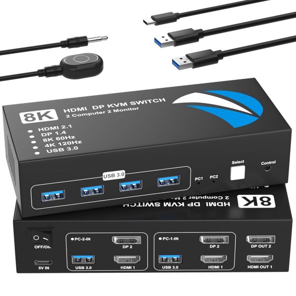 [해외] 미국수입 8K60Hz HDMI 디스플레이포트 KVM 스위치 모니터 2개 컴퓨터 2대 연결 가능 4K120Hz 듀얼 지원 2