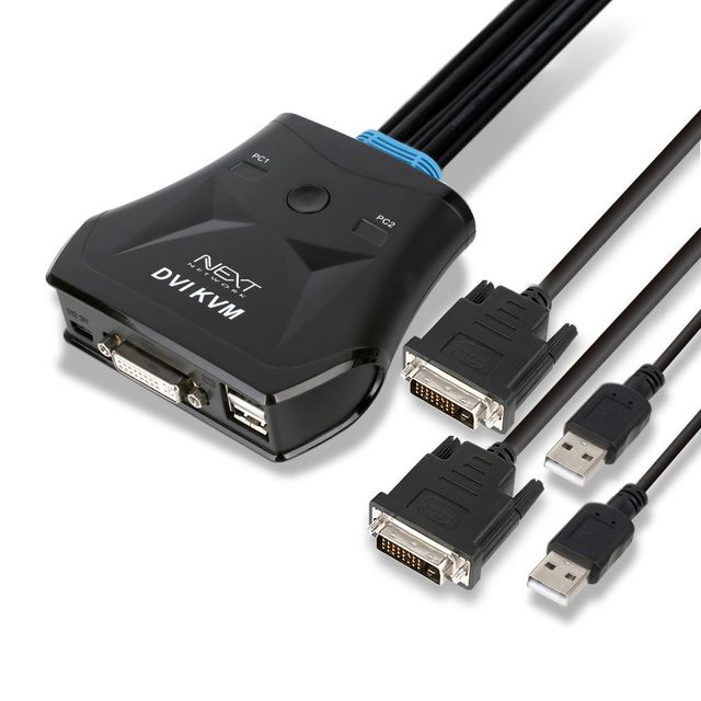 [오늘출발] KVM 스위치 1.4m USB DVI 케이블 일체형 2대 PC 제어 모니터 공유기 키보드 마우스 컴퓨터 전환기 데스크탑