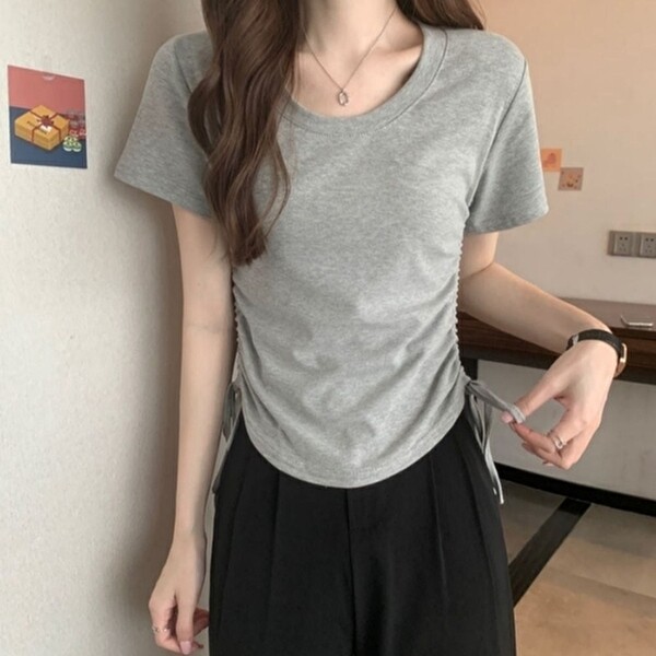 티셔츠 반팔 옆 슬림핏 셔링 크롭 U19 (KYR-WFHEMWQ)