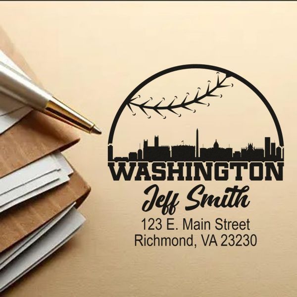 맞춤 주소 도장 워싱턴 야구 실루엣 자동 잉크 반환 우편 맞춤형 DC 도시 스카이라인 디자인 가정 사무실
