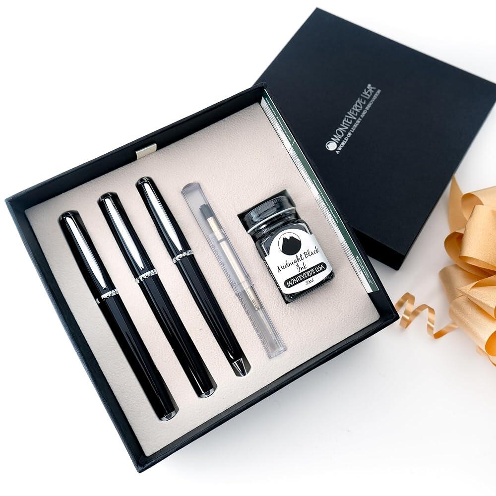 Monteverde USA Aldo Domani 3+2피스 세트 브러시드 | 분수 롤러볼 볼펜 | 옴니플렉스 펜촉 | 무료 젤 리