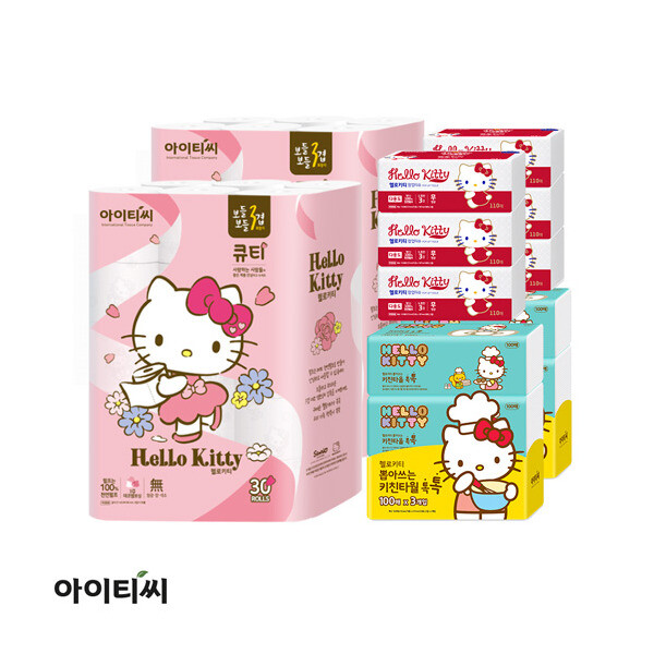 아이티씨 (주)아이티씨 무료배송 헬로키티 3겹 구성 알뜰세트 (롤화장지 30롤 X 2개입+팝