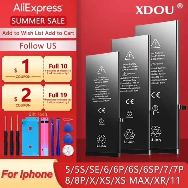 [오늘출발] [해외] [호환] 호환 아이폰 SE 5 6 6S 5S 7 8 Plus X Xs Max Xr 11 Pro 휴대 전화용 제로 사이클  배터리 무료 도구 스티