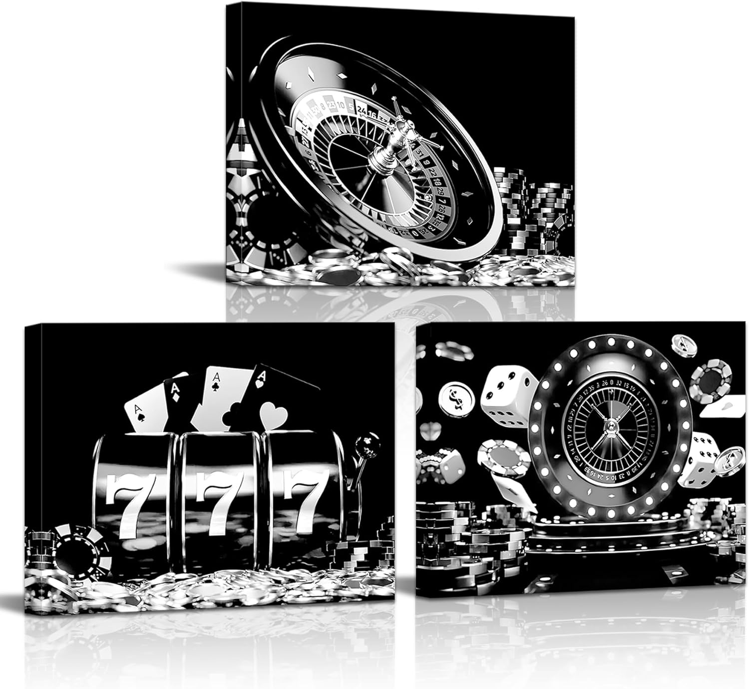 [오늘출발] 룰렛 휠 칩 다이싱 슬롯 머신 캔버스 월 아트 흑백 카지노 및 코인 포스터