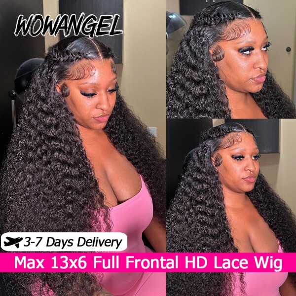 [오늘출발] 와우 엔젤 250% 13X6 HD 레이스 프론탈 가발 워터 웨이브 인모 프리 플러킹 곱슬 여성용 풀