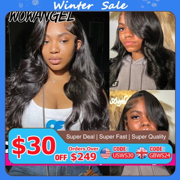 [오늘출발] Wow Angel 250% HD 레이스 프론트 가발 바디 웨이브 인모 미리 뽑은 피부 브라질 헤어 13x6