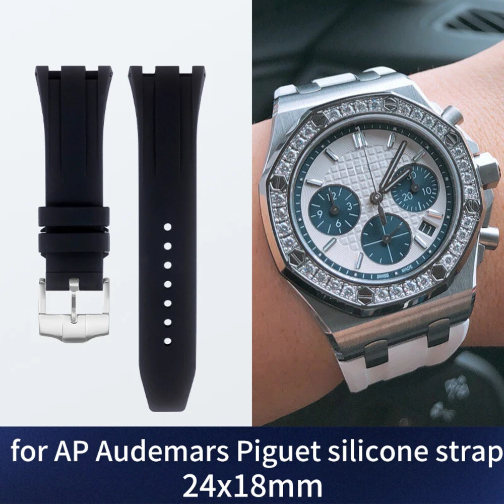 AP ROYAL OAK 여성용 고무 발찌 블랙 화이트 핀 버클 용 Audemars Piguet 시계 밴드 24MM 실리콘 스트랩
