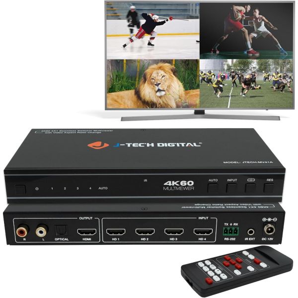 HDMI 분배기 스위치 공유기 셀렉터 제이테크 디지털 4x1 멀티뷰어 및 원활한 스위처 4K 60Hz 4개 입력 1개