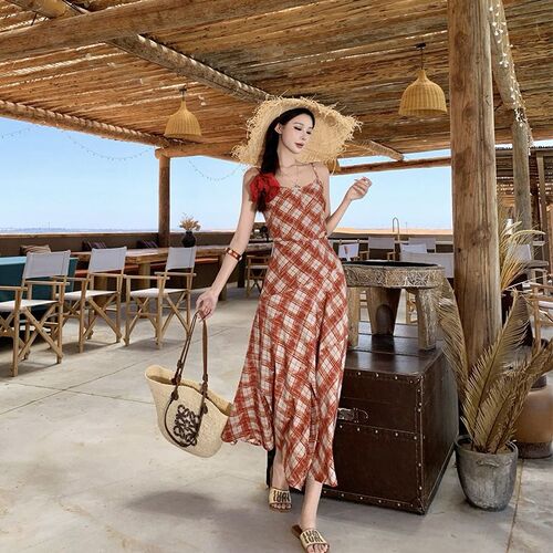심쿵 여성 코디 민소매 원피스 티베트 여행 서북 사막 빈티지 바캉스 체크 나시 스포M1