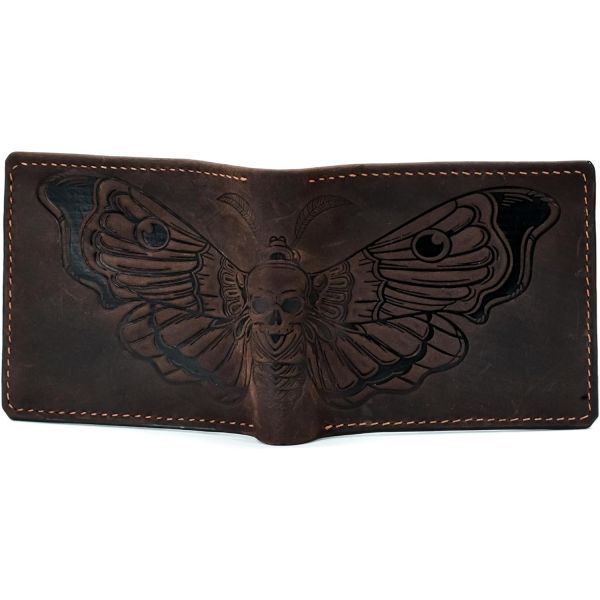 마야 코너 정통 수제 가죽 지갑 동물 무늬 양면 신분증 슬롯이 있는 미니멀리스트 클래식 데스헤드 나방 30