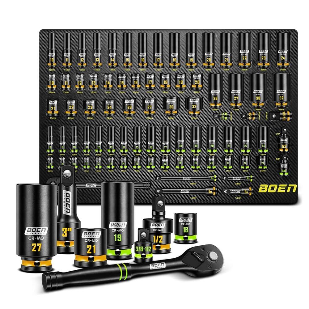 BOEN Pro 80피스 1.3cm(1/2인치) 및 1cm(3/8인치) 드라이브 마스터 임팩트 소켓 세트 6포인트 미터법 딥