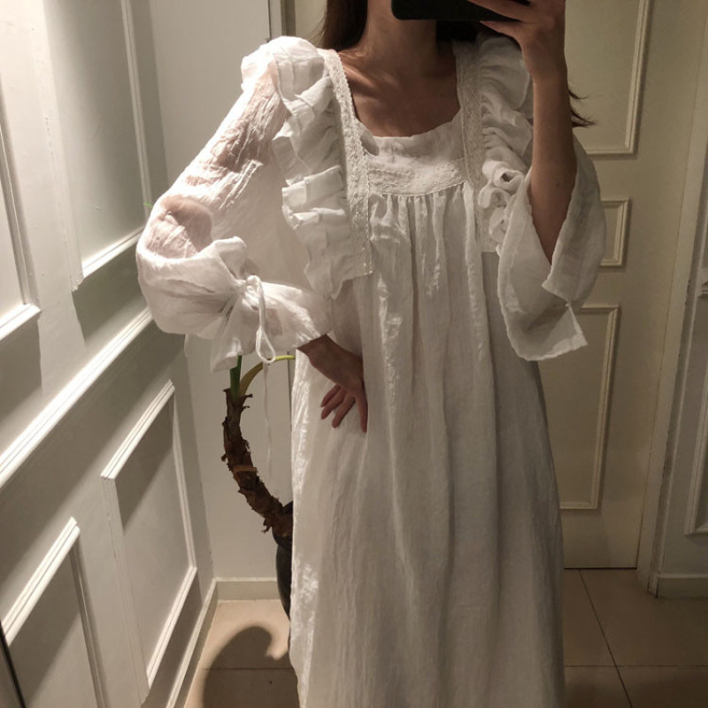 [해외] 원피스잠옷 슬립 원피스 프릴 홈웨어 린넨 잠옷 이지혜