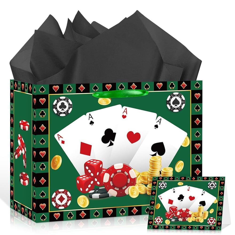 Woosytoo 그린 카지노 생일 선물 가방 카드 및 포장지 포함 카지노 파티 선물 라스베가스 포커 테마 선