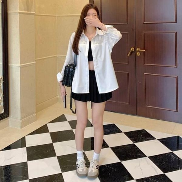 여자 흰색 하프 남방 카라넥 줄지 베이직 204501