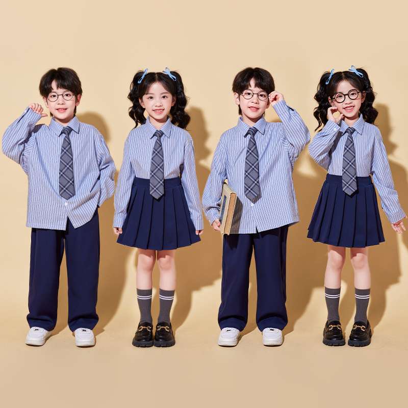 [해외] 교복 스타일 방송 댄스복 스트라이프 블루 주니어 초등학생 남녀공용 넥타이 댄스 공연 의상