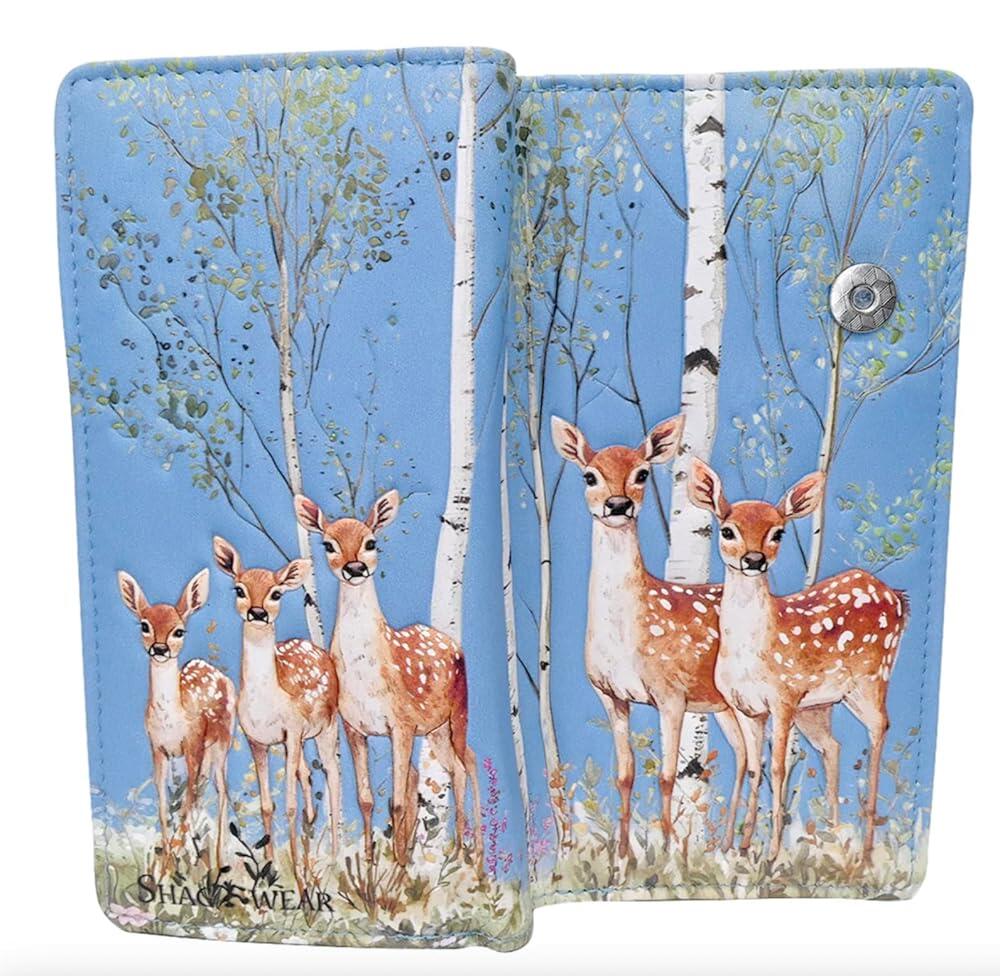 Shag Wear Deer Gathering 대형 지갑 비건 인조 가죽 숲속 야생 동물 디자인 클러치 카드 슬롯 지폐 수납
