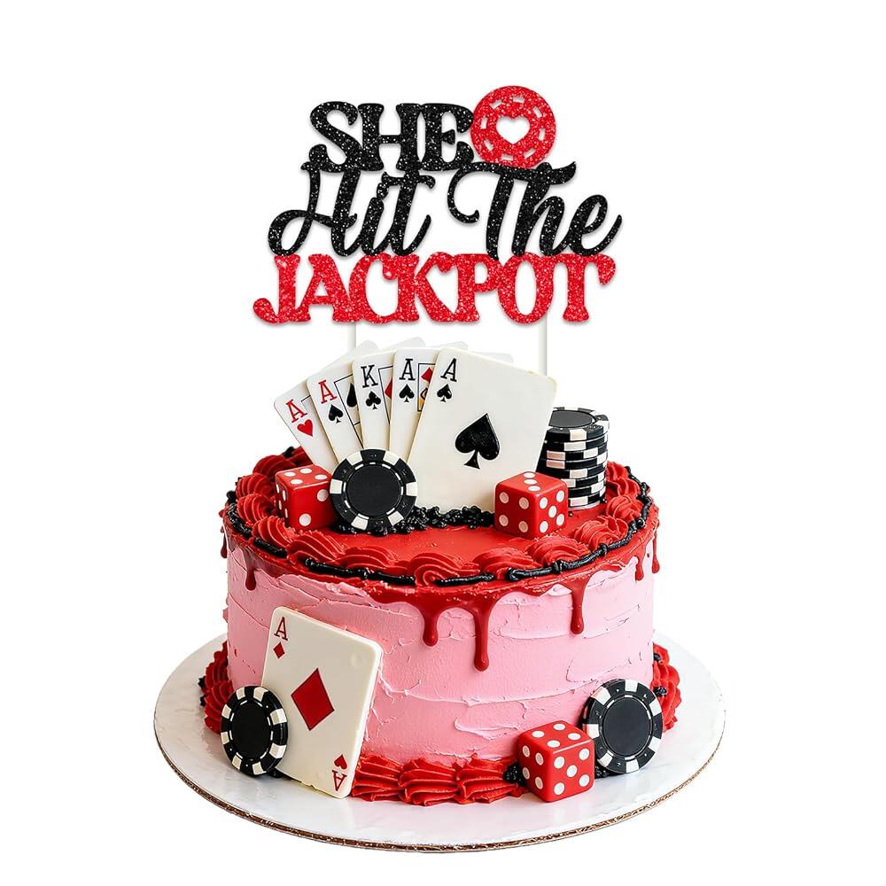 Funmemoir Casino 처녀 파티 장식 - She Hit the Jackpot 케이크 토퍼 레드 앤 블랙 글리터 카지노 처녀