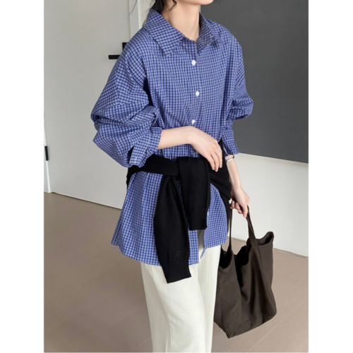 다빈 여성셔츠 서울 거리 블루 체크 셔츠 루즈핏 뒤 트임 OP1