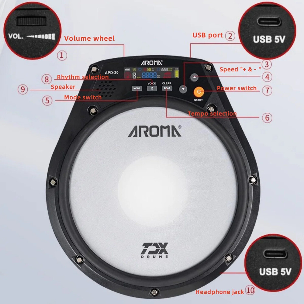 잼배 AROMA APD20 휴대용 전자 드럼 패드 8인치 메쉬 헤드 내장 메트로놈 음성 가이드 USBC 충전식 조용한