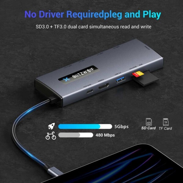 [오늘출발] BlitzWolf BW-NEW TH8 10-in-1 C타입 허브 PD 100W 전력 공급 USB3.0 4K  60HZ 및 TF 카드 슬롯 RJ45