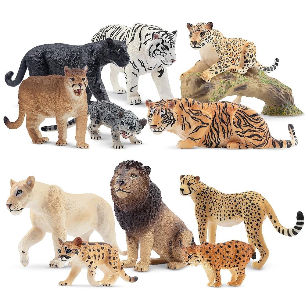 Toymany 큰 고양이 야생 동물 피규어 12개 사실적인 사파리 세트 사자 호랑이 쿠거 치타 표범 재규