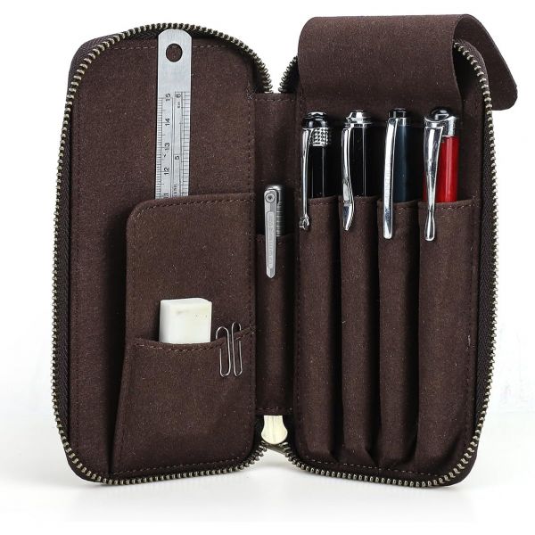 콘택트 풀 그레인 크레이지 호스 가죽 연필 케이스 수제 빈티지 지퍼 펜 홀더 파우치 카드 슬롯 정리함 포