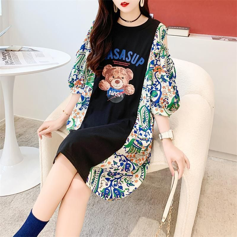 [해외] 오프숄더 반팔 프린트 빅사이즈 티 여 여름 중 롱 루즈 나른풍 패치 탑 티셔츠 원피스 1