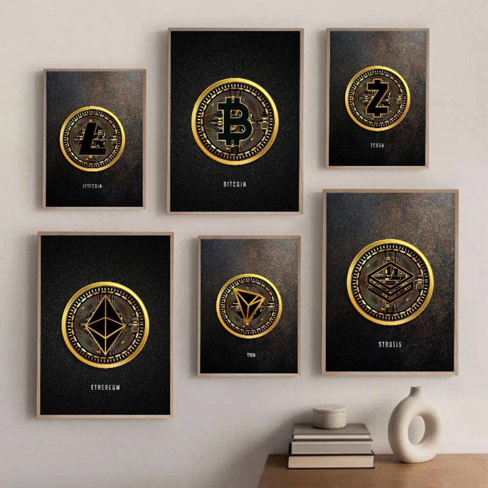 [해외] 홈데코 추상 황금 Bitcoin Monero Cardano 캔버스 북유럽 현대 벽 아트 포스터 인쇄 그림 룸 인테리어 홈