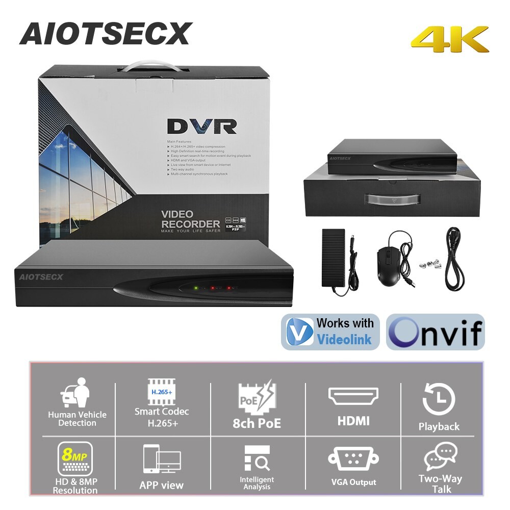 [해외] AIOTSECX 4K NVR 최대 12MP 홈 CCTV 감시 시스템 8채널 8POE 하드 디스크 네트워크 비디오 P2P H 265