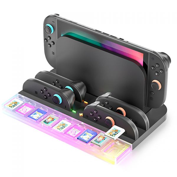 [해외] 스위치독 미니독 스위치 2용 충전 도크 보관 베이스 조이콘 게임 카드 슬롯 9개 조명 올인원 스탠드 정리함