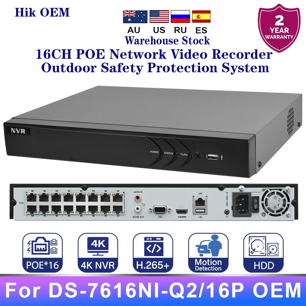 Hikvision OEM NVR DS 7616NI Q2/16P 4K 16채널 POE 네트워크 비디오 24/7 녹화 야외 보호 시스템
