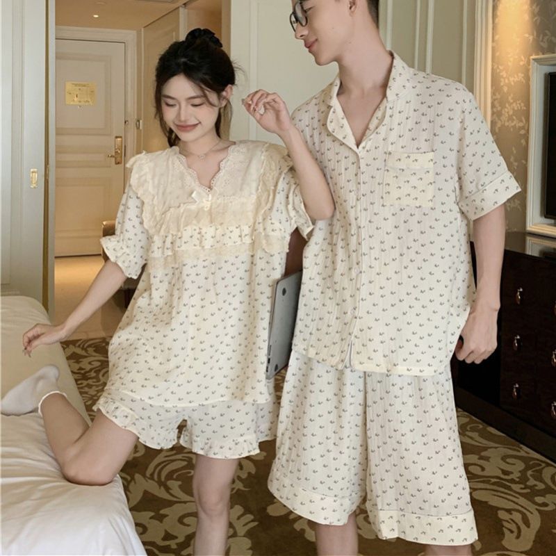 원픽 엘럽 여성 코튼 더블 원사 커플 속옷 바람 잘 통하고 편안한 공주 반팔 겉옷 실내복 커버 박템1