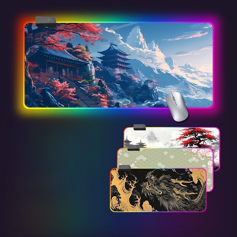오리엔탈 동양풍 용 벚꽃 풍경 일러스트 RGB 게이밍 와이드 마우스패드 LED 장패드