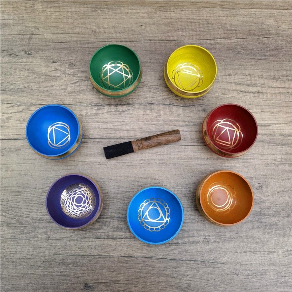 [해외] 싱잉볼 네팔 구리 티베트어 컬러 세미 차임 명상 세트 8CM 그릇 노래 수제 차크라 요가