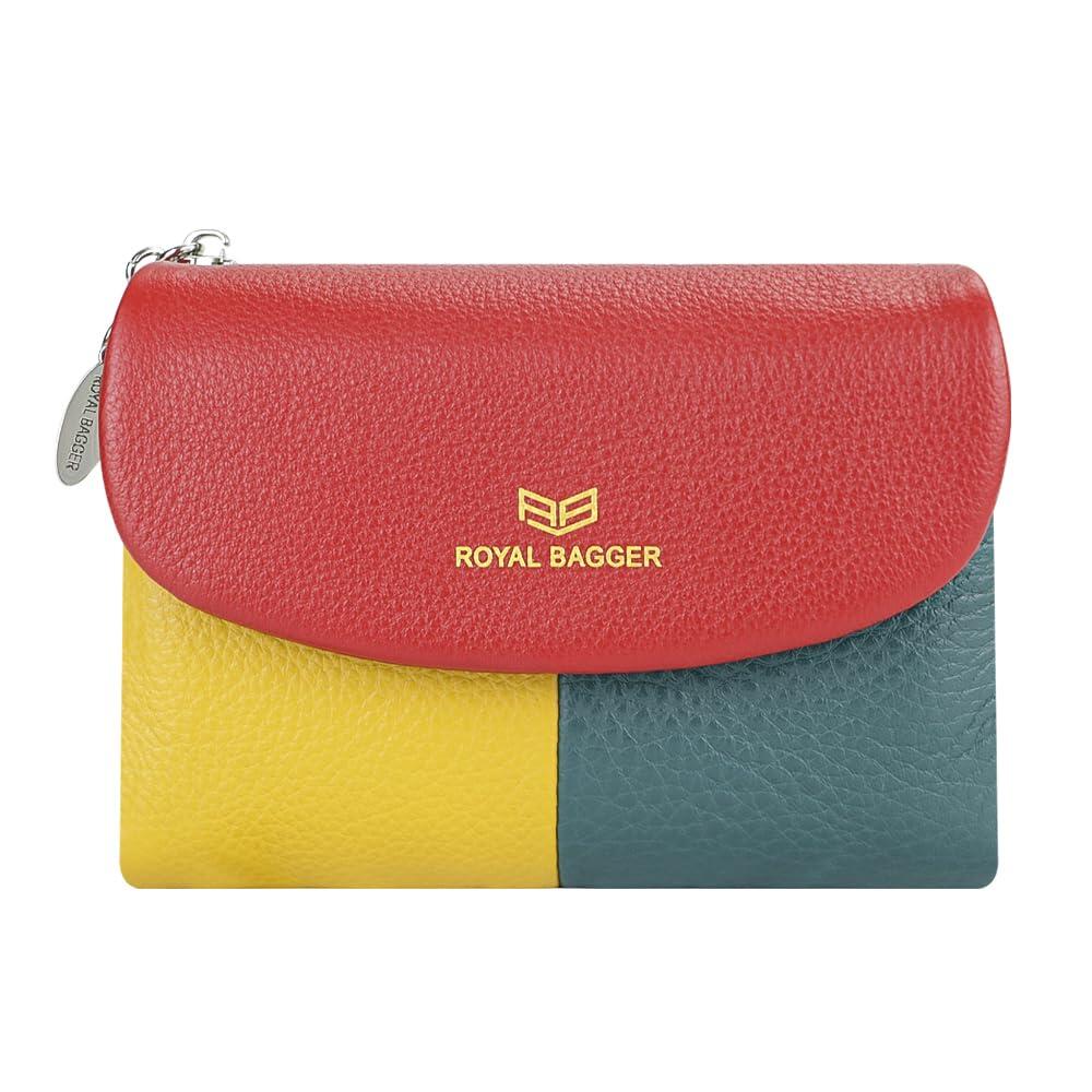 [해외] Royal Bagger 컬러 블록 RFID 짧은 지갑 네추럴 가죽 멀티 카드 슬롯 홀더 3단 자석 오프닝 2053 레드 캐주