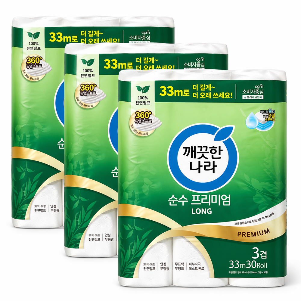 깨끗한나라 순수프리미엄 화장지 30롤 3개 3겹 33m 두루마리 휴지 물에잘녹는 무형광