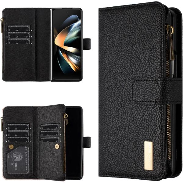 [해외] 12472805 스마트폰 케이스 커버 갤럭시 Z 폴드 3 월렛 마그네틱 리치 그레인 가죽 지퍼 플립 카드 슬롯 포