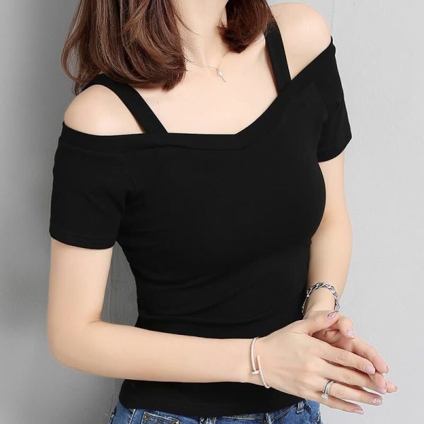 [해외] Luvinor 구매 시 추가 혜택2026 여름 한국 스타일 블랙 오프숄더 나시 반팔 티셔츠 여성 일자넥 섹시 트렌