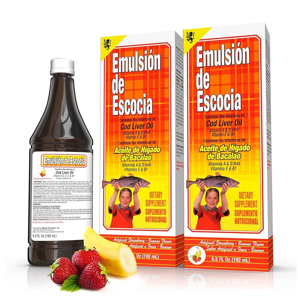 [해외] Emulsion de Escocia 대구 간유 액체 보충제 비타민 A D E 및 B1 포함 - 어린이 성인용 피쉬 오일 오메